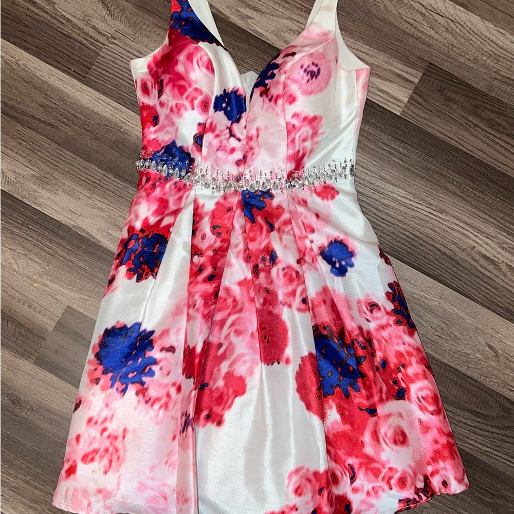 Sequin Hearts Pink and Blue Floral Prom Dress